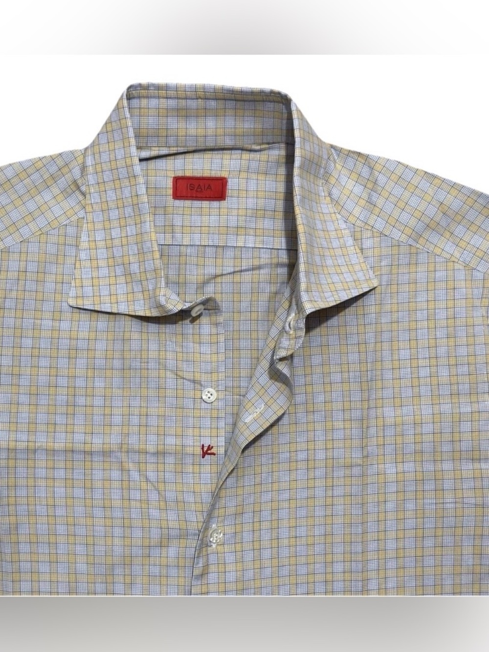 ISAIA NAPOLI Dress Shirt 17/43 Yellow Blue Check Red Coral Logo Made Italy EUC